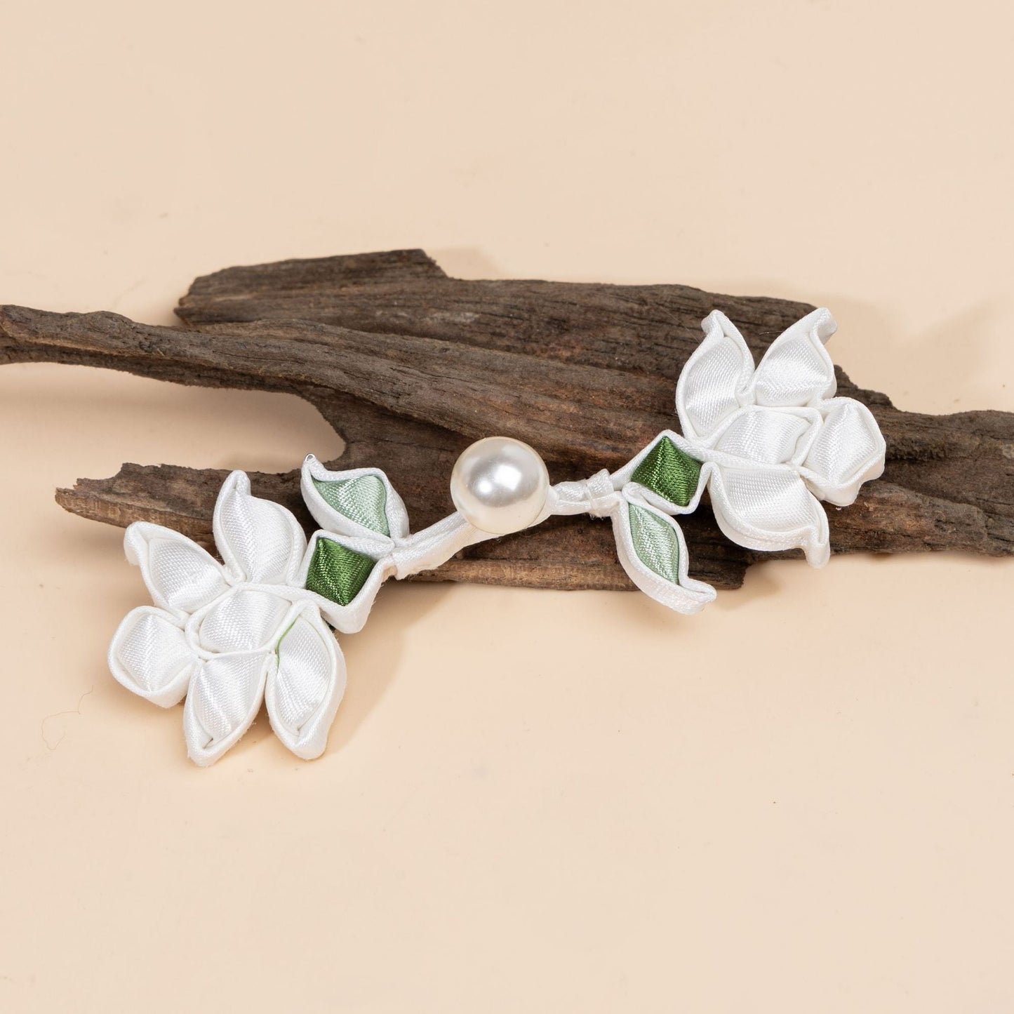 White Satin Flower Branch Buttons - handmade decorative sew-on button