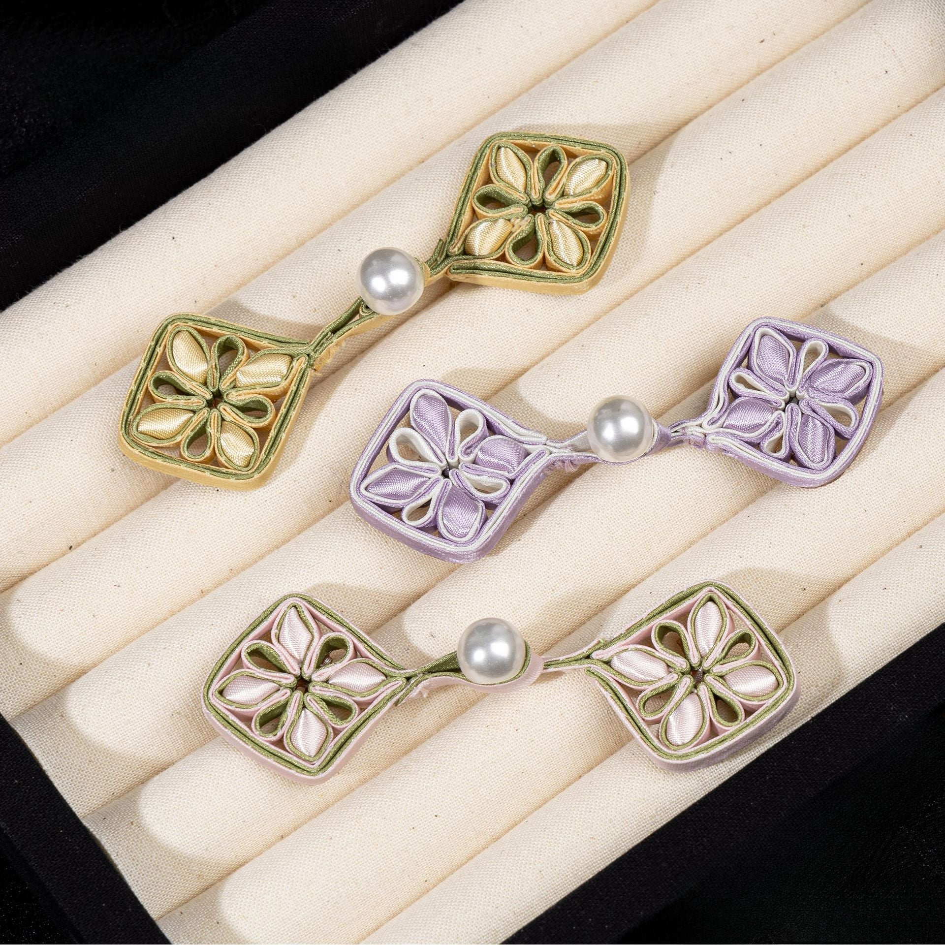 Square Floral Knot Pearl Buttons - 2-Light purple color, handmade decorative sew-on button