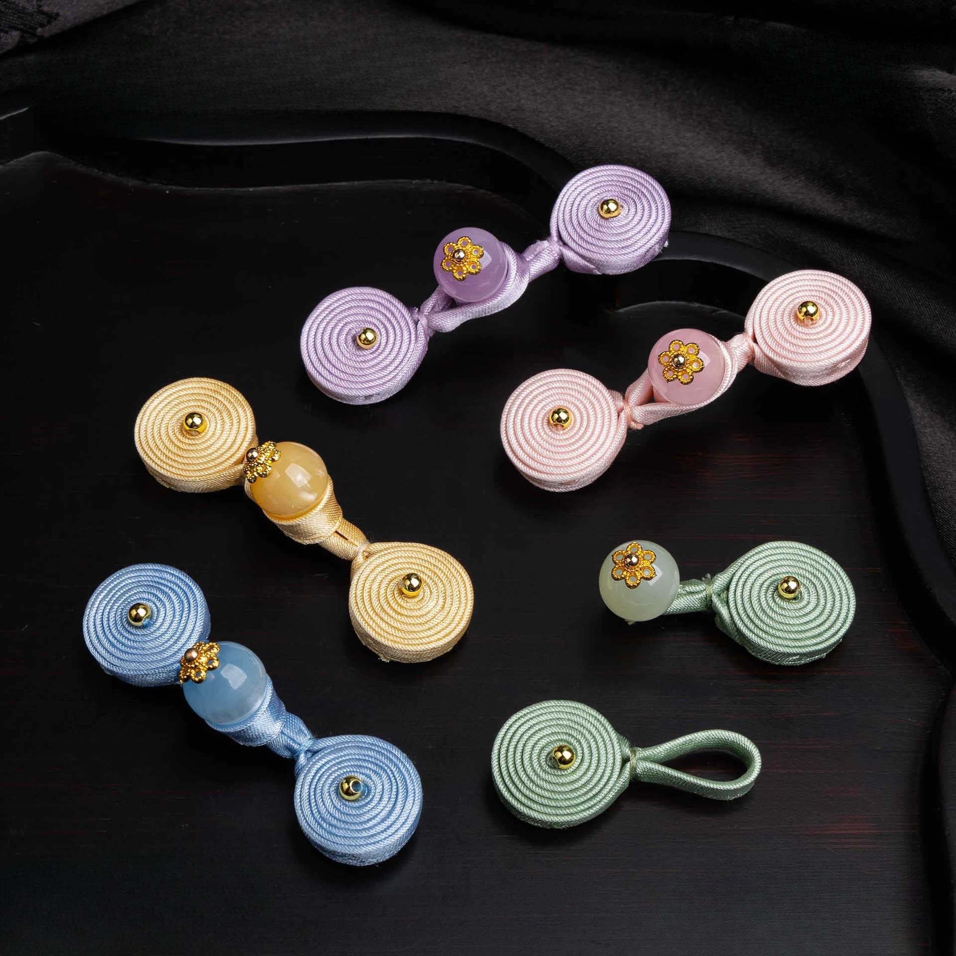 Round Disc Knot Button Closures with Flower Bead - Orange powder color, handmade decorative sew-on button