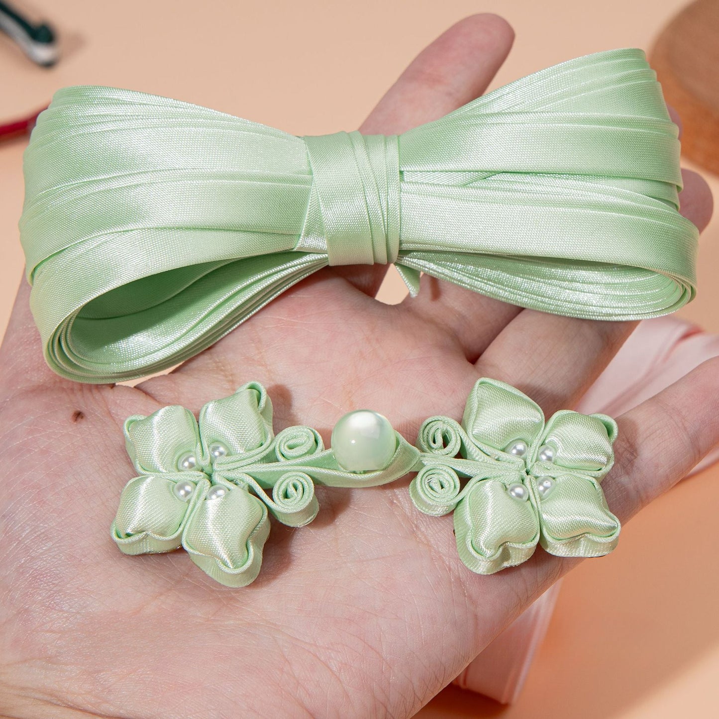 Four Petal Flower Pearl Buttons - Mint Green color, handmade decorative sew-on button