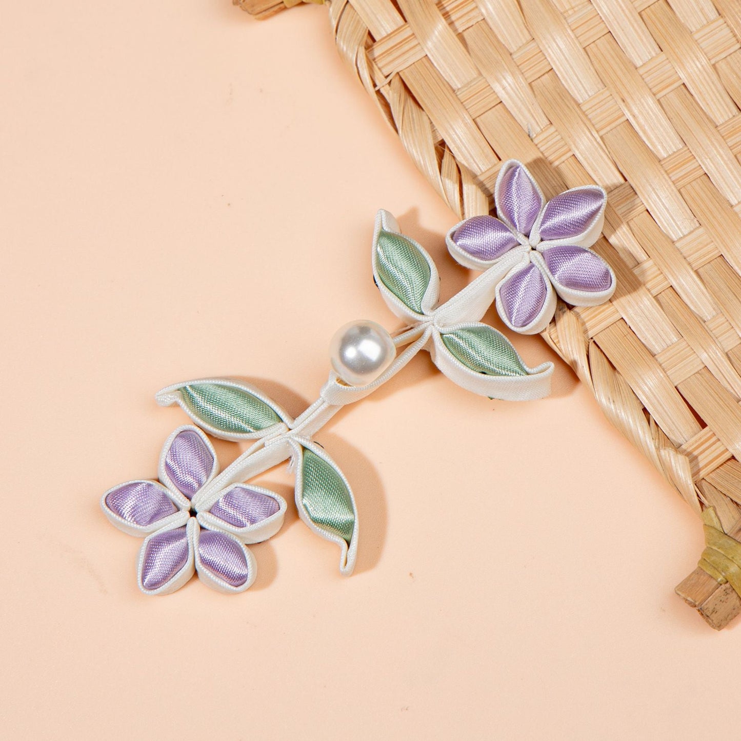Flower and Leaf Branch Pearl Button - handmade decorative sew-on button